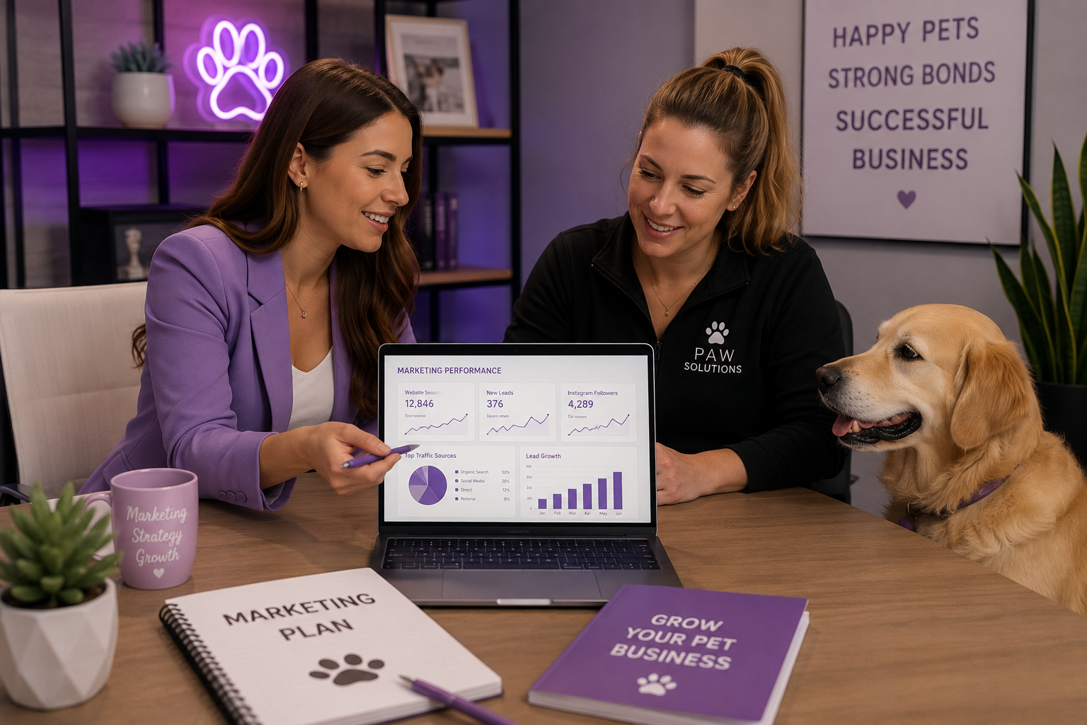 Two women reviewing marketing performance analytics on a laptop in a pet business office, with a golden retriever beside them