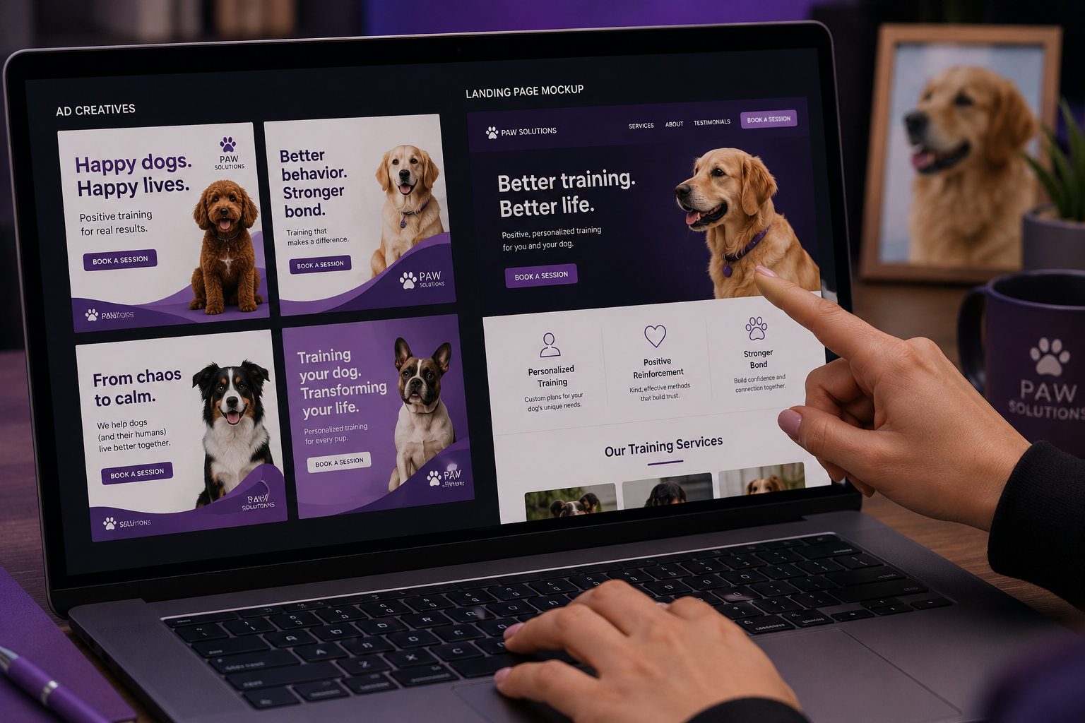 A hand pointing at a laptop screen showing ad creatives and a landing page mockup built for a pet training business